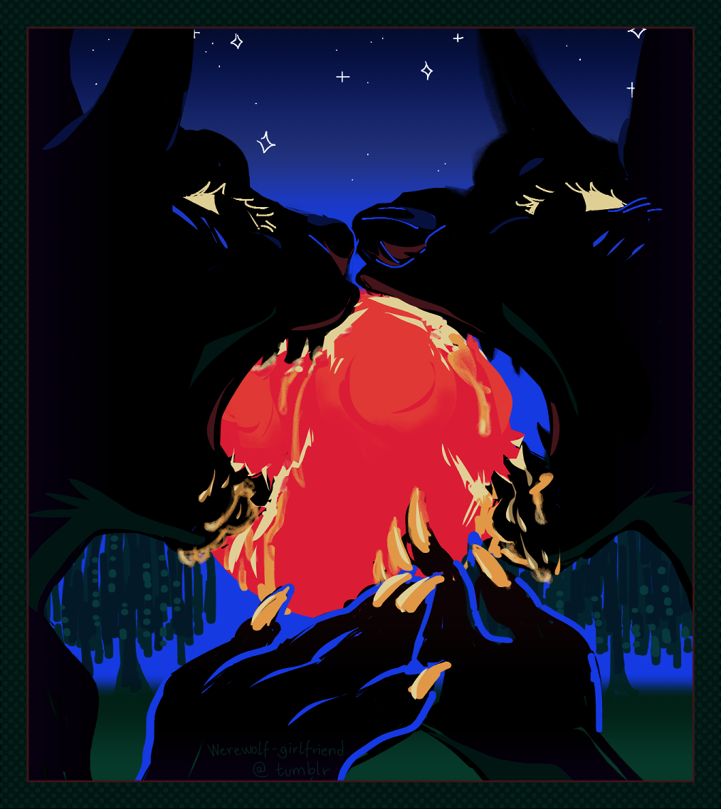 Two feminine, vaguely canine, anthropomorphic characters biting into a singular apple. Behind them is a twilit sky with a few stars and willow trees.